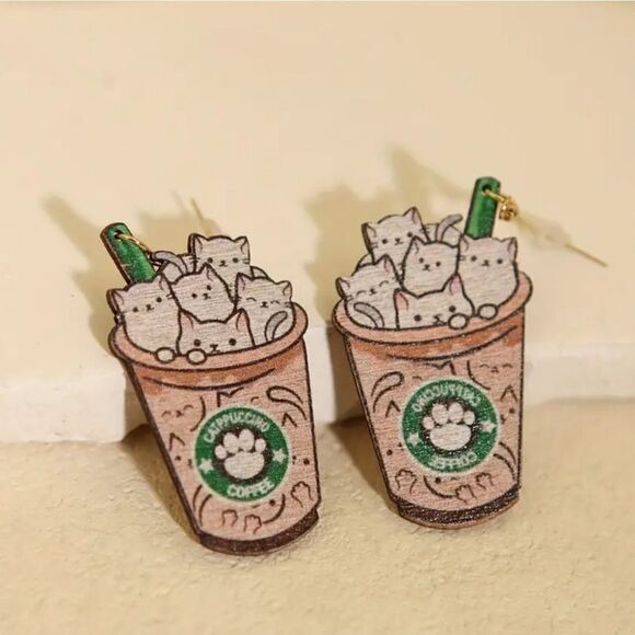 14k CAT CAPPUCCINO cute fun whimsical kawaii novelty earrings - Picture 4 of 6